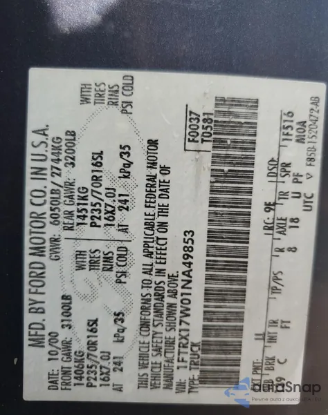 2001 Ford F150 z USA, uszkodzony, nr VIN 1FTRX17W01NA49853